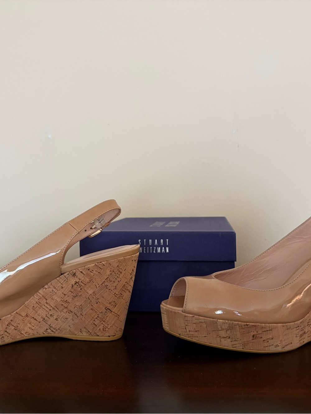 Stuart Weizmann Nude Patent Cork Wedge 4”Slingback Sandals with adjustable strap - Picture 2 of 4